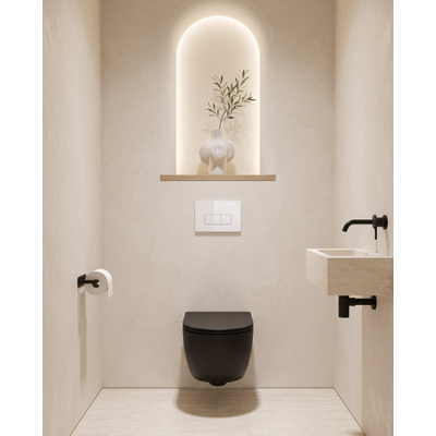 QeramiQ Dely Swirl Toiletset - 36.3x51.7cm - Geberit UP320 inbouwreservoir - met Burda frame - 35mm zitting - glans witte bedieningsplaat - rechthoekige knoppen - mat zwart