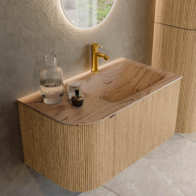 MONDIAZ KURVE-DLUX 85cm badmeubel ronding Links kleur Oak met 1 lade en 1 deur. Wastafel CLOUD Rechts 1 kraangat Arena.