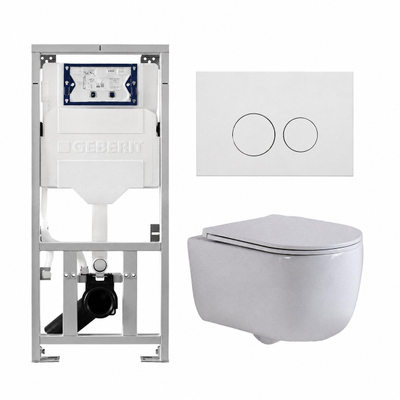 QeramiQ Dely Swirl Ensemble WC - 36,3x51,7 cm - fond creux - sans bride - réservoir encastré Geberit UP320 - abattant fin - plaque de commande en métal blanc mat - boutons ronds - blanc mat