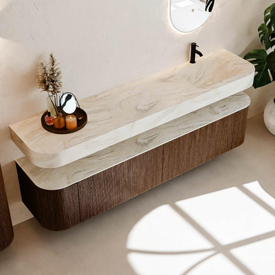 MONDIAZ THOR-DLUX 200cm meuble de salle de bains arrondi gauche + droite couleur Walnut avec 2 tiroirs et 2 portes. Vasque suspendue CLOUD Droite 1 trou de robinet couleur Ostra.