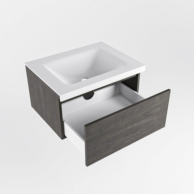 Mondiaz BUKLA Ensemble de meuble - 60x45x34cm - 1 trou de robinet - lavabo centré - solid surface - Talc - sans poignée - 1 tiroir - Mélamine - Marron foncé