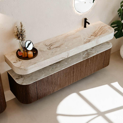 MONDIAZ THOR-DLUX 190cm meuble de salle de bains arrondi gauche + droite couleur Walnut avec 2 tiroirs et 2 portes. Vasque suspendue CLOUD Droite 1 trou de robinet couleur Frappe.