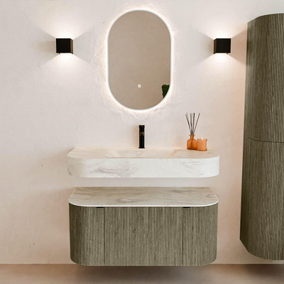 MONDIAZ THOR-DLUX 100cm meuble de salle de bains arrondi gauche + droite couleur Shadow avec 1 tiroir et 2 portes. Vasque suspendue CLOUD Milieu 1 trou de robinet couleur Ostra.