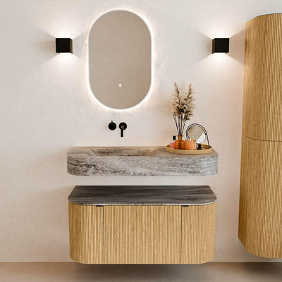MONDIAZ THOR-DLUX 100cm badmeubel ronding links + rechts kleur Oak met 1 lade en 2 deuren. Vrijhangende wastafel CLOUD Links zonder kraangat kleur Oza.