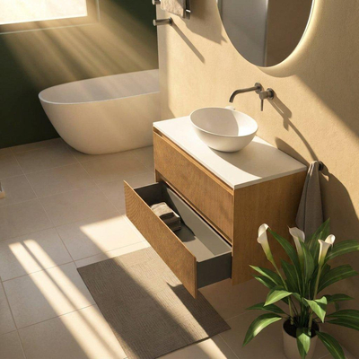 Saniclass Holz Atelier Ensemble meuble de salle de bains - 100x45x62.5cm - plan Torino en Solid Surface blanc - sans trou de robinetterie - 2 tiroirs - chêne natural mat (bois)