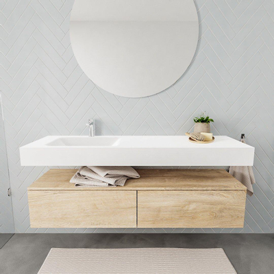 MONDIAZ ALAN 150cm - meuble bas - chêne vieilli - 2 tiroirs - lavabo suspendu - vasque à gauche - 1 trou de robinet - talc