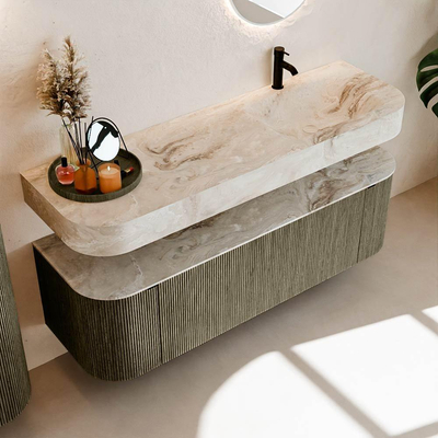 MONDIAZ THOR-DLUX 150cm meuble de salle de bains arrondi gauche + droite couleur Shadow avec 1 tiroir et 2 portes. Vasque suspendue CLOUD Droite 1 trou de robinet couleur Frappe.