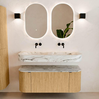 MONDIAZ THOR-DLUX 120cm badmeubel ronding links + rechts kleur Oak met 1 lade en 2 deuren. Vrijhangende wastafel CLOUD Dubbel zonder kraangat kleur Glace.