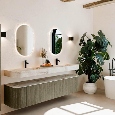 MONDIAZ THOR-DLUX 200cm meuble de salle de bains arrondi gauche + droite couleur Shadow avec 2 tiroirs et 2 portes. Vasque suspendue CLOUD Double 2 trous de robinet couleur Frappe.