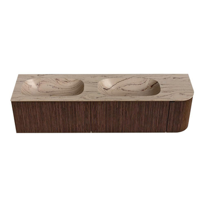 MONDIAZ KURVE-DLUX Meuble de salle de bains 175cm arrondi Droit couleur Walnut avec 2 tiroirs et 1 porte. Lavabo STOR SMALL Double / Gauche 2 trous de robinet Arena.
