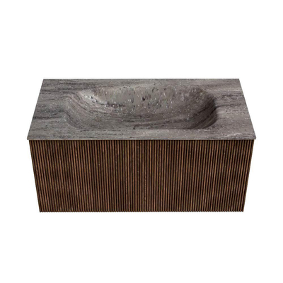 MONDIAZ KURVE-DLUX Meuble de salle de bains 90 cm couleur Walnut avec 1 tiroir et 0 porte. Lavabo BIG SMALL Central sans trou de robinet Oza.