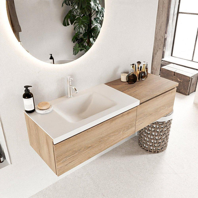 Mondiaz bukla ensemble de meubles de bain 140x45x34cm 1 trou pour robinetterie lavabo gauche surface solide talc sans poignée 2 tiroirs avec softclose mélamine chêne lavé
