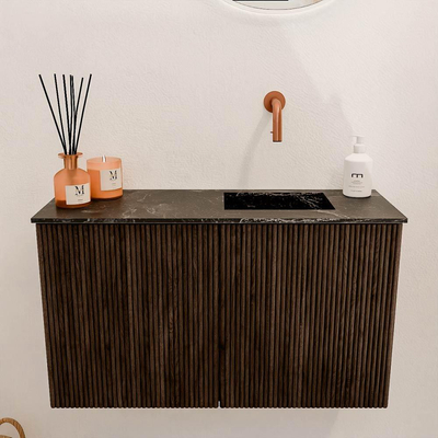 Mondiaz JOYA-DLUX 70cm toiletmeubel - kleur Walnut - Wastafel FAYE positie Rechts Zonder kraangat kleur Lava.