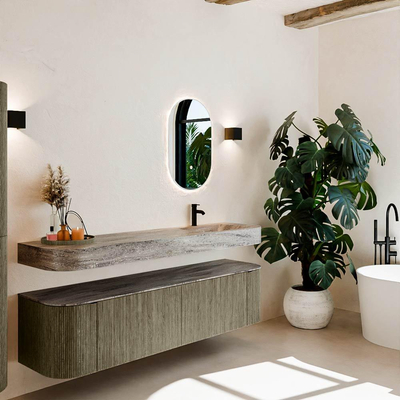 MONDIAZ THOR-DLUX 180cm meuble de salle de bains arrondi gauche + droite couleur Shadow avec 2 tiroirs et 2 portes. Vasque suspendue CLOUD Droite 1 trou de robinet couleur Oza.