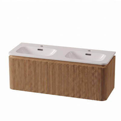 Royal Plaza Terra Edge Ensemble meuble de salle de bains - 140x45.5x46cm - vasque en céramique blanc brillant - 2 vasques - 2 trous de robinetterie - 2 tiroirs - sandwood (chêne clair)
