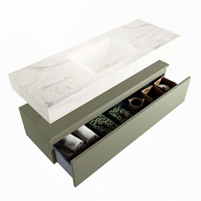 Mondiaz ALAN-DLUX Ensemble de meuble - 130cm - meuble Army mat - 1 tiroir - Lavabo Cloud Ostra suspendu - vasque Centre - 1 trou de robinet