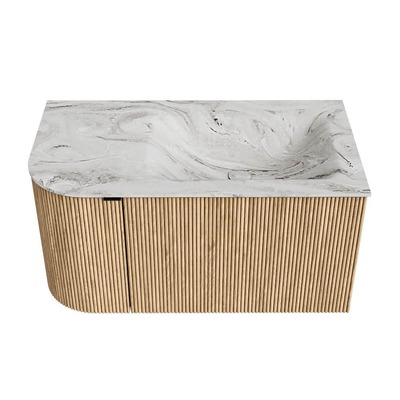 MONDIAZ KURVE-DLUX 85cm badmeubel met module 25 L kleur Oak met 1 lade en 1 deur. Wastafel CLOUD rechts zonder kraangat kleur Glace.