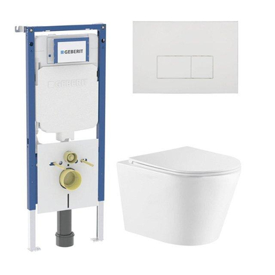 QeramiQ Dely Toiletset - 36.3x51.7cm - diepspoel - rimless - Geberit UP720 inbouwreservoir - softclose toiletzitting - glans witte bedieningsplaat - rechthoekige knoppen - wit mat
