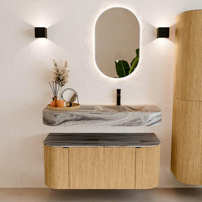 MONDIAZ THOR-DLUX 110cm badmeubel ronding links + rechts kleur Oak met 1 lade en 2 deuren. Vrijhangende wastafel CLOUD Rechts 1 kraangat kleur Sombra.