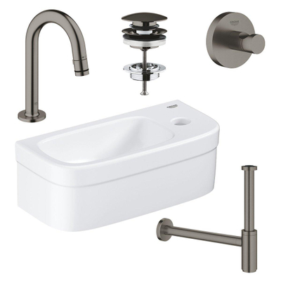 Grohe Euro Fonteinset - 37x18cm - rechthoek - 1 kraangat - zonder overloop - gebogen kraan - sifon - afvoerplug - handdoekhaak - wit/brushed hard graphite (antraciet)