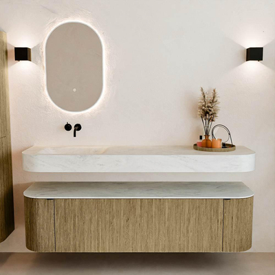 MONDIAZ THOR-DLUX 170cm meuble de salle de bains arrondi gauche + droite couleur Dusk avec 1 tiroir et 2 portes. Vasque suspendue CLOUD Gauche sans trou de robinet couleur Opalo.