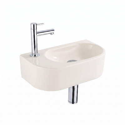 QeramiQ Fuente Fontein - 40x22x12cm - glad - halfrond - fonteinkraangat links - keramiek - fonteinkraan chroom - verlaagd sifon - afvoerplug - linnen