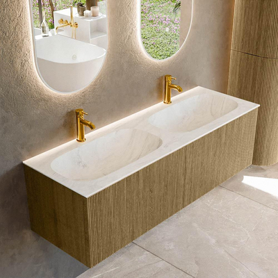 Mondiaz KURVE-DLUX Ensemble de meuble salle de bain - 140x46x40cm - 2 tiroirs - lavabo en solid surface - double - 2 trous de robinet - Dusk