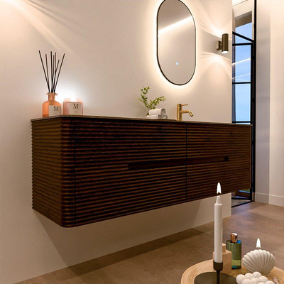Mondiaz CIRO-DLUX Ensemble de meubles de salle de bains - 160x45x50cm - Plan vasque Solid surface Oza - 1 vasque à droite - 1 trou de robinet - 4 tiroirs - Noyer