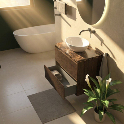 Saniclass Holz Atelier Ensemble de meubles de salle de bains - 80x45x63cm - Plan de travail en pierre naturelle Noche Dark Emperador - sans trou de robinet - 2 tiroirs - chêne charcoal mat (bois)