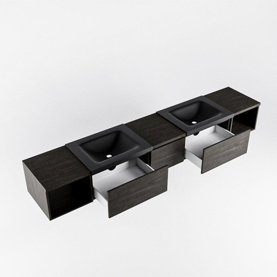 MONDIAZ BUKLA 240cm ensemble de meuble avec module ouvert 40 L+R couleur Marron foncé avec 3 tiroirs. Lavabo CLOUD double 2 trous de robinet couleur Urban.