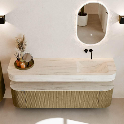 MONDIAZ THOR-DLUX 170cm meuble de salle de bains arrondi gauche + droite couleur Dusk avec 1 tiroir et 2 portes. Vasque suspendue CLOUD Droite sans trou de robinet couleur Meli.