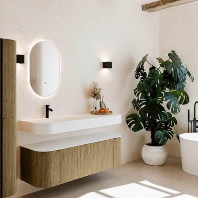 MONDIAZ THOR 140cm meuble de salle de bains arrondi gauche + droite couleur Dusk avec 1 tiroir et 2 portes. Vasque suspendue CLOUD Gauche 1 trou de robinet couleur Talc.