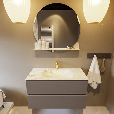 Mondiaz VICA-DLUX ensemble de meuble de salle de bain - 90cm - meuble sous-vasque fumée - 2 tiroirs - lavabo encastré nuage milieu - 1 trou de robinet - version haute 60cm - frape