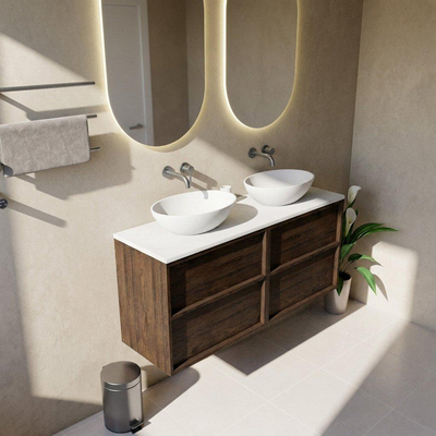 Saniclass Holz Frame Ensemble meuble de salle de bains - 140x45x62.5cm - plan de toilette Torino en solid surface blanc - sans trou de robinet - 4 tiroirs - chêne charcoal mat (bois)