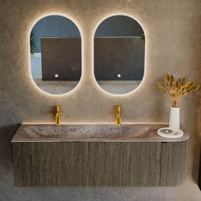 MONDIAZ KURVE-DLUX 145cm badmeubel ronding Rechts kleur Shadow met 1 lade en 1 deur. Wastafel BIG LARGE Links 2 kraangaten Oza.