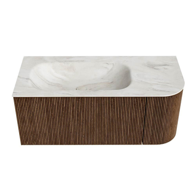 MONDIAZ KURVE-DLUX 105cm Meuble salle de bain avec module 25 D - couleur Walnut - 1 tiroir - 1 porte - vasque BIG SMALL gauche - 1 trou de robinet - couleur Ostra