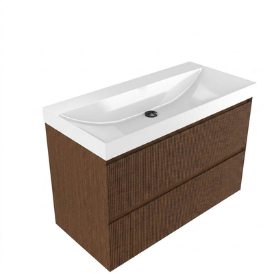 Saniclass Holz Atelier Ensemble de meubles de salle de bains - 100x45x67.5cm - lavabo Wave en céramique - 1 vasque - sans trou de robinet - 2 tiroirs - walnut pure mat (bois)