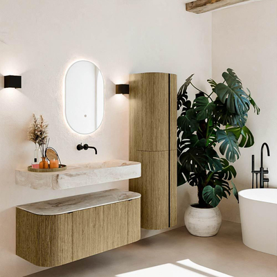 MONDIAZ THOR-DLUX 110cm meuble de salle de bains arrondi gauche + droite couleur Dusk avec 1 tiroir et 2 portes. Vasque suspendue CLOUD Droite sans trou de robinet couleur Frappe.