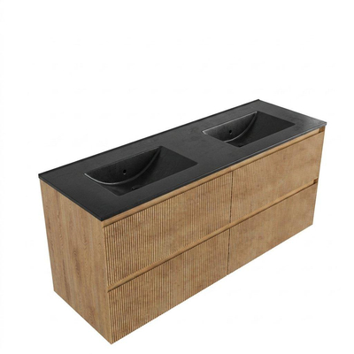 Saniclass Holz Atelier Ensemble de meubles de salle de bains - 140x45x62cm - lavabo Vygo en céramique noir - 2 vasques - sans trous de robinetterie - 4 tiroirs - chêne naturel mat (bois)