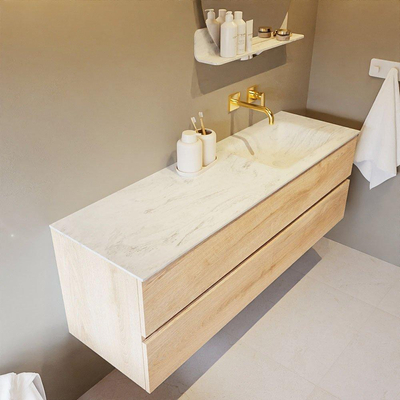 MONDIAZ VICA-DLUX Ensemble meuble de salle de bains - 150cm - meuble bas Washed oak - 2 tiroirs - lavabo encastré Cloud à droite - sans trous de robinetterie - version haute 60cm - Opalo