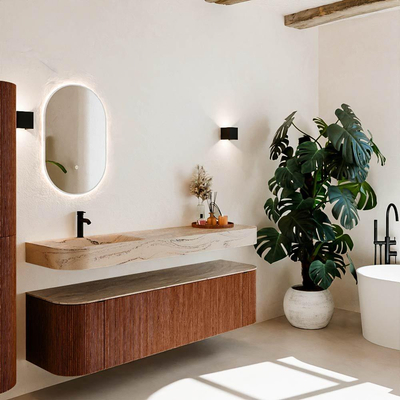 MONDIAZ THOR-DLUX 170cm meuble de salle de bains arrondi gauche + droite couleur Ruby avec 1 tiroir et 2 portes. Vasque suspendue CLOUD Gauche 1 trou de robinet couleur Arena.