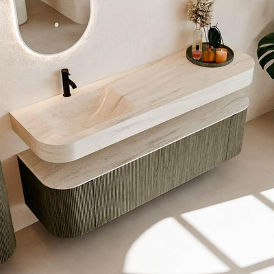 MONDIAZ THOR-DLUX 160cm meuble de salle de bains arrondi gauche + droite couleur Shadow avec 1 tiroir et 2 portes. Vasque suspendue CLOUD Gauche 1 trou de robinet couleur Meli.