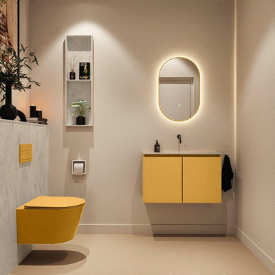 MONDIAZ TURE-DLUX Meuble toilette - 80cm - Ocher - EDEN - vasque Opalo - position centrale - sans trou de robinet