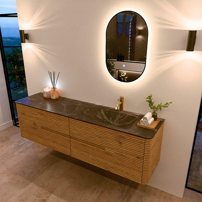 Mondiaz CIRO-DLUX Ensemble de meubles de salle de bains - 180x45x50cm - Vasque solid surface Lava - 1 lavabo à droite - 1 trou de robinet - 4 tiroirs - Chêne