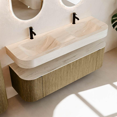 MONDIAZ THOR-DLUX 150cm meuble de salle de bains arrondi gauche + droite couleur Dusk avec 1 tiroir et 2 portes. Vasque suspendue CLOUD Double 2 trous de robinet couleur Meli.