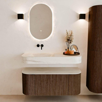 MONDIAZ THOR-DLUX 110cm meuble de salle de bains arrondi gauche + droite couleur Walnut avec 1 tiroir et 2 portes. Vasque suspendue CLOUD Gauche sans trou de robinet couleur Meli.