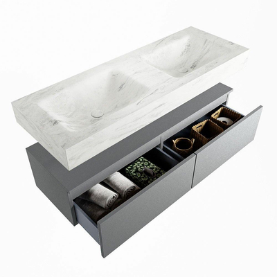 Mondiaz ALAN-DLUX Ensemble de meuble - 130cm - meuble Plata mat - 2 tiroirs - Lavabo Cloud Opalo suspendu - vasque Gauche et droite - 2 trous de robinet