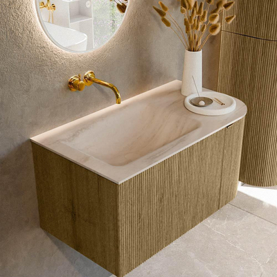 MONDIAZ KURVE-DLUX Meuble de salle de bains 85cm arrondi à droite couleur Dusk avec 1 tiroir et 1 porte. Plan-vasque CLOUD à gauche sans trou de robinet Meli.