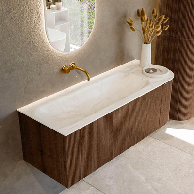 MONDIAZ KURVE-DLUX 125cm badmeubel met module 25 R kleur Walnut met 1 lade en 1 deur. Wastafel BIG MEDIUM links zonder kraangat kleur Ostra.