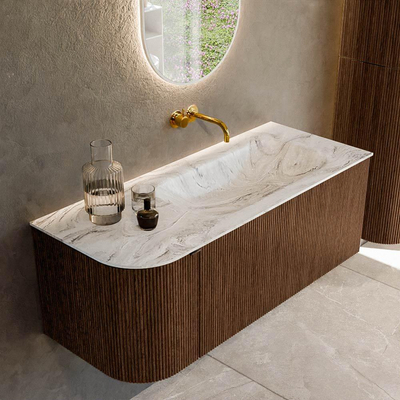 MONDIAZ KURVE-DLUX 115cm badmeubel met module 25 L kleur Walnut met 1 lade en 1 deur. Wastafel BIG SMALL rechts zonder kraangat kleur Glace.